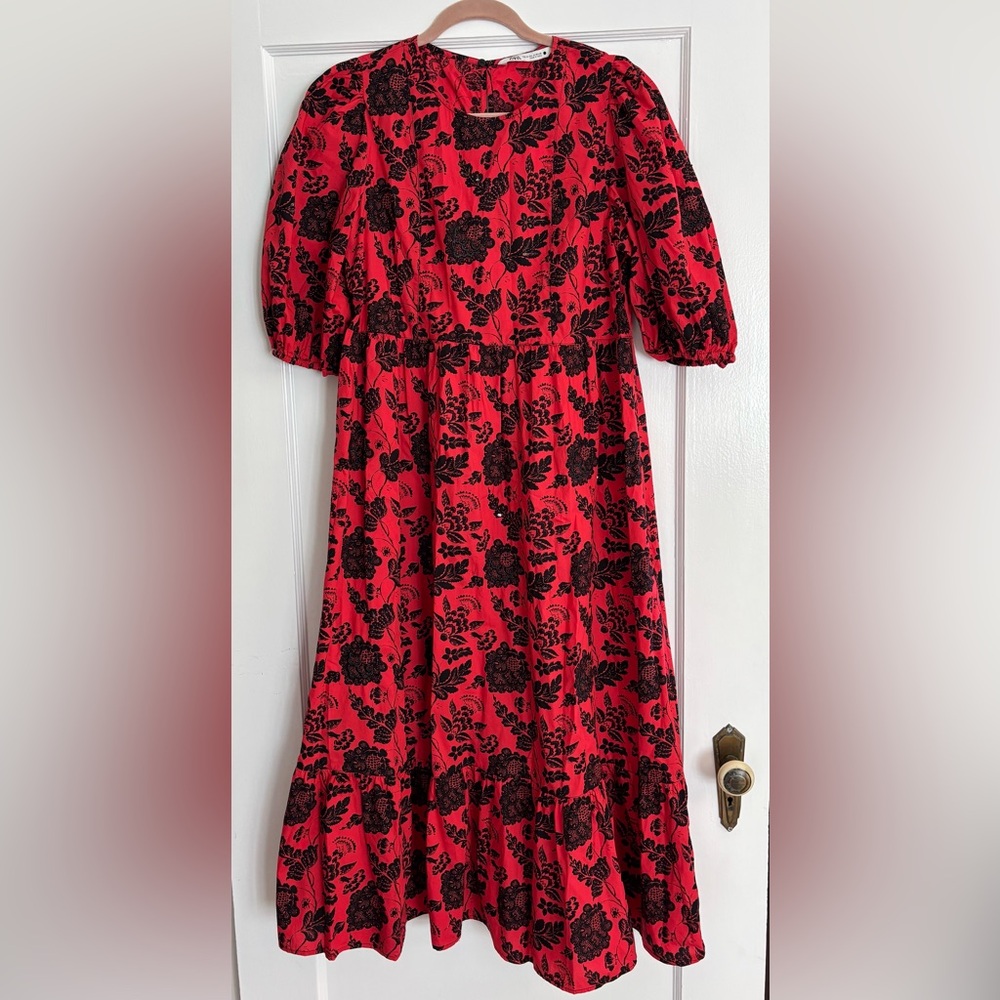 Zara Red and Black Floral Dress medium